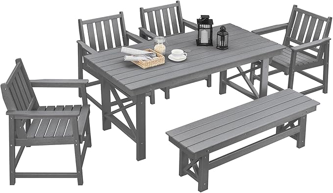 HDPE Outdoor Dining Set of 6, Patio Dining Table Set with 4 Chairs and 1 Bench, 6 Pieces HDPE Dining Set with Umbrella Hole, Outdoor Furniture Sets for Deck, Poolside, Garden, Smoke Gray