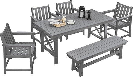 HDPE Outdoor Dining Set of 6, Patio Dining Table Set with 4 Chairs and 1 Bench, 6 Pieces HDPE Dining Set with Umbrella Hole, Outdoor Furniture Sets for Deck, Poolside, Garden, Smoke Gray