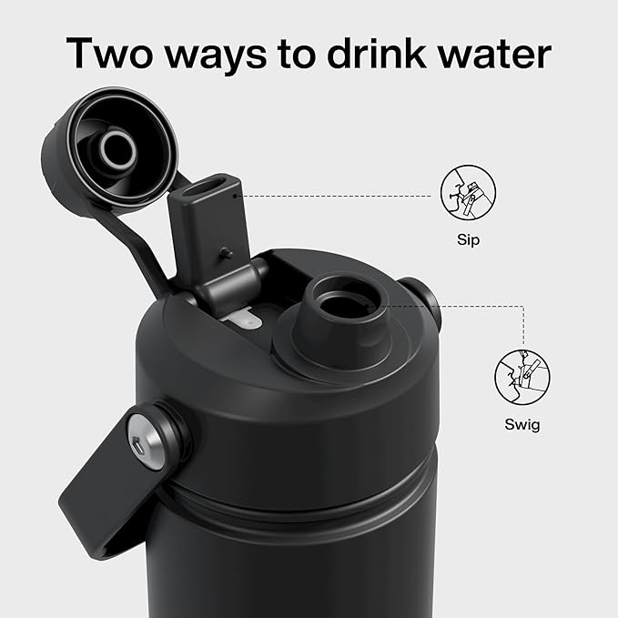 Kids Insualated Water Bottle with Straw - 12oz Stainless Steel Water Bottle with Dual Spouts, Leak-Proof, BPA-Free, Double Wall Vacuum Keeps Cold for 24 Hours for Sports, Travel, School (Black Night)