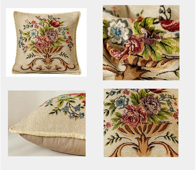 Set of 2 Beige Vintage Throw Pillows Covers 18x18in，Floral Embroidered Cushion Cover for Sofa Bedroom，Euro Sham Covers Retro Home Decor Pillows Covers