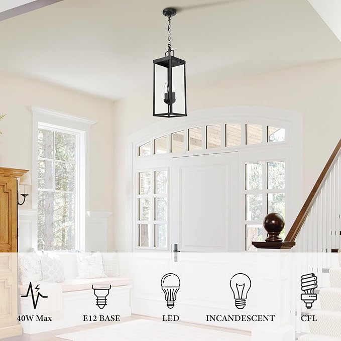 Large Outdoor Pendant Lantern Light Fixture for Front Porch, 20 Inch 2-Light Black Exterior Hanging Chandelier with Clear Glass, Outdoor Indoor Pendant Lamp for Patio, Gazebo, Entryway, Doorway