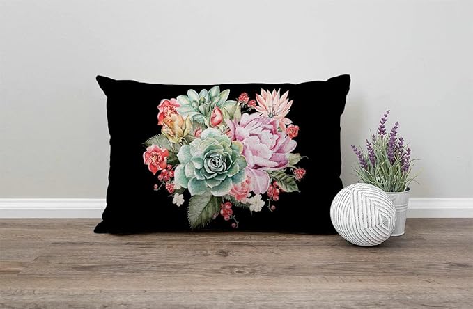 Watercolor Vintage Rose Pillow Cover Farmhouse Peony Succulents Decorations Cushion Case for Sofa Couch Cotton Linen 12x20 Inches