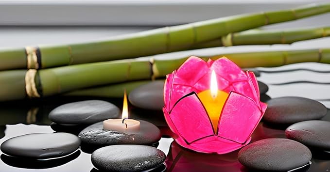 Blooming Lotus Capiz Shell Tealight Candle Holder, Handcrafted Decorative Tea Light Candleholder with Translucent Flower Petals for Ambient Illumination and Natural Elegance, Fuchsia