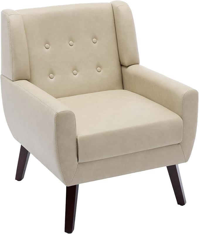 UIXE PU Leather Accent Chairs Set of 2, Modern Arm Club Chair Upholstered Armchair for Living Room, Comfy Single Sofa Seats Button Tufted Reading Seating, Cream
