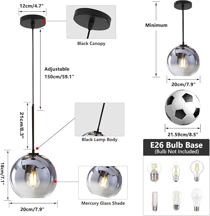 KCO Lighting Modern Black Globe Pendant Light Mercury Glass Ceiling Pendant Light Mid Century Silver Kitchen Pendant Lighting Over Island Dining Room Light Fixtures Over Table