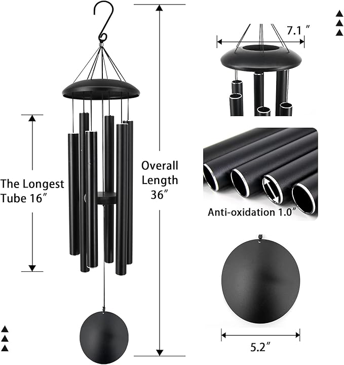 ASTARIN Outdoor Memorial Wind Chimes, 36 in with 6 Heavy Tubes, Deep Tone for Garden Hanging Decor, Sympathy Gifts. Black