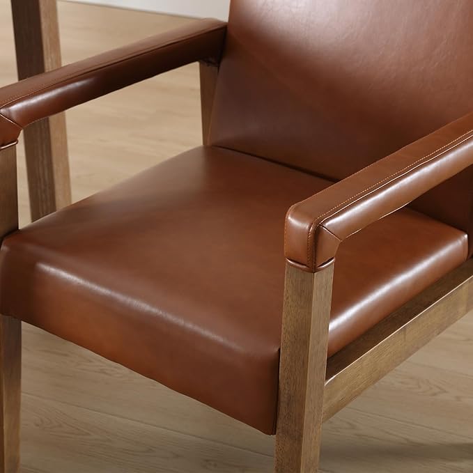 Mid Century Modern Dining Chairs Set of 4 Faux Leather Upholstered Living Room Side Chair, Kitchen Arm Chair with Solid Wood Legs for Home Kitchen & Restaurant, PU Brown