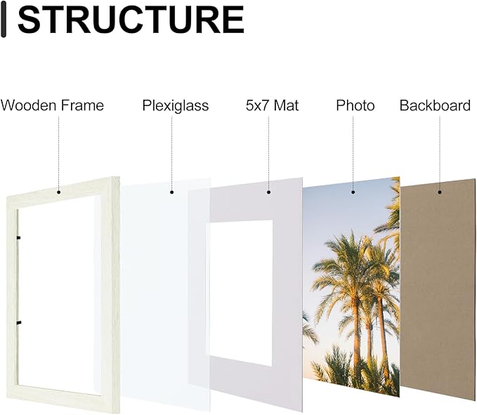 Vittanly 8x10 Picture Frames Set of 9, Shatter Resistant Plexiglass, Display 5x7 Pictures with Mat or 8x10 without Mat, Photo Frames for Wall or Tabletop, Engineered Wood, Whitemist