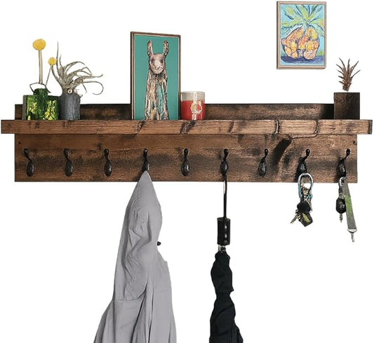 Coat Rack with Shelf Wall Mounted with Storage (Choose Your Length) Towel Rack Entryway Organizer Key Hooks (16" L (4 Hooks))