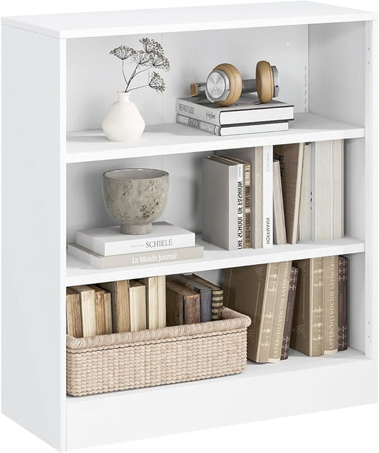 3-Tier Bookshelf with Adjustable Shelves, White Metal Space Saving Storage Shelf Bookcase, Small Open Storage Shelf for Living Room, Home Office, Dinning Room, Pantry (White-36H)