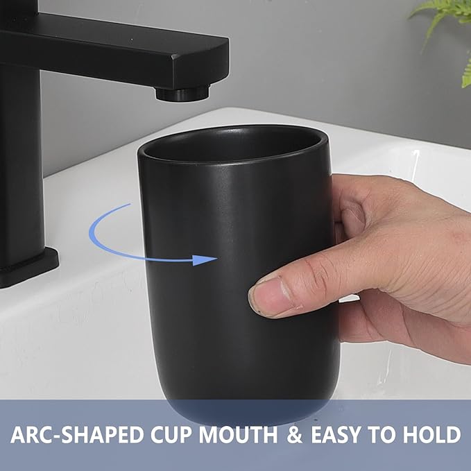 Matte Black Toothbrush Holders for Bathrooms - 2 Cups Ceramic Toothbrush Toothpaste Holders Set, Black Bathroom Tumbler Cups Reusable Toothbrush Cup Black Mouthwash Cup, Bathroom Counter Organizer