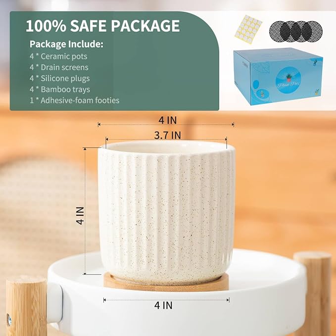 TAMAYKIM 4 Inch Ceramic Plant Pots with Drainage Holes, Modern Flower Planter with Saucer for Indoor Plants, Succulent, Cactus & Herbs, Beige, Set of 4 (Plants Not Included)