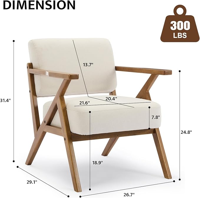 Mid-Century Modern Chair Upholstered Lounge Arm Chair with Solid Wood Frame Thicker Cushion for Living Room, Reading, Balcony, Beige Linen