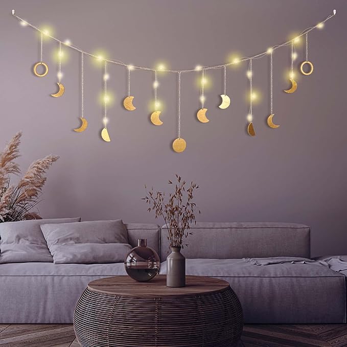 Moon Phase Wall Decor with LED String Light, 13 Gold Wood Boho Wall Hanging Decor Mood Garland 56'' - Celestial Phases Moon Decor in Bohemian Style for Bedroom Home Living Room