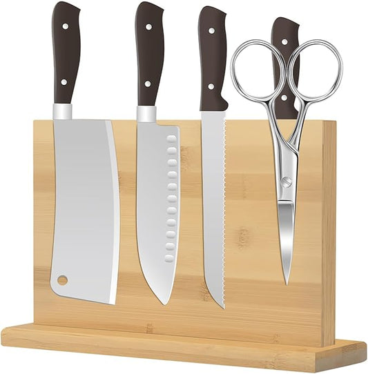 Magnetic Knife Block 28 x 19 Inches, Double Sided Magnetic Knife Holder Rack for Kitchen Counter, Acacia Wood Magnetic Knife Storage Stand with Knife Sharpener