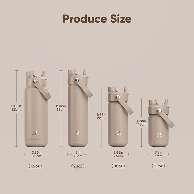 Insulated Water Bottle with Straw Stainless Steel Water Bottle, Leak-Proof, BPA-Free, Double Wall Vacuum Keeps Cold for 24 Hours for Sports, Travel, School (32 oz, Raw Umber)