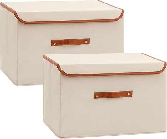 Tuza 2 Pack Large Fabric Storage Bins with Lids, Foldable Storage Boxes with Lids for Organizing, Decorative Storage Boxes with Handles for Home, Bedroom, Closet, Office(Khaki, Extra Large)