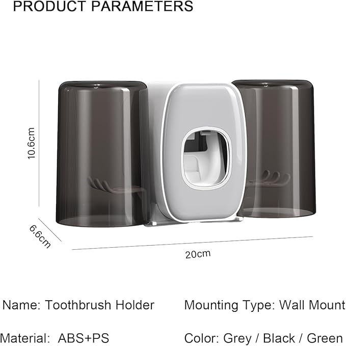 Toothbrush Holders Wall Mounted,Toothpaste Dispenser for Kids Hanging Adhesive Automatic Toothbrush Holders Bathroom Decor with Toothpaste Dispenser 2 Cups - Grey