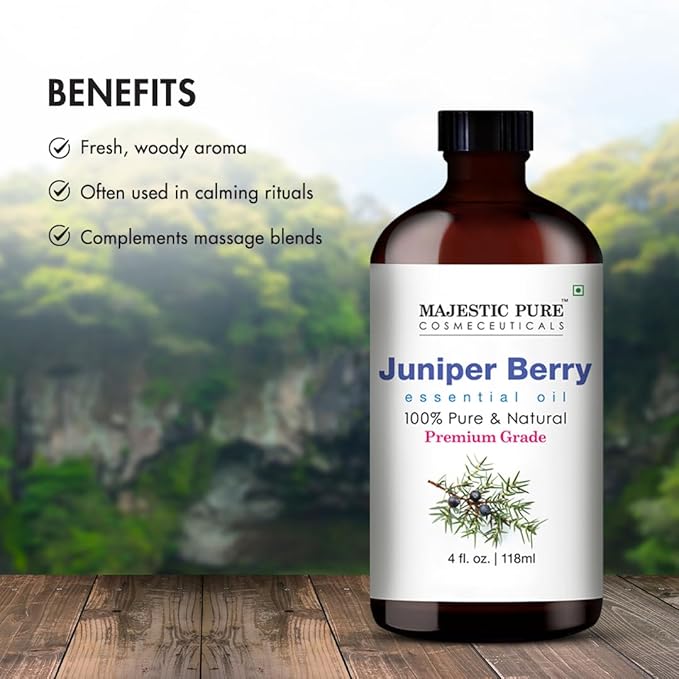 Majestic Pure Juniper Essential Oil with Glass Dropper - Huge 4 Fl Oz - 100% Pure and Natural Juniper Oil - Premium Grade Essential Oils for Diffuser, Aromatherapy, Soap and Candle Making
