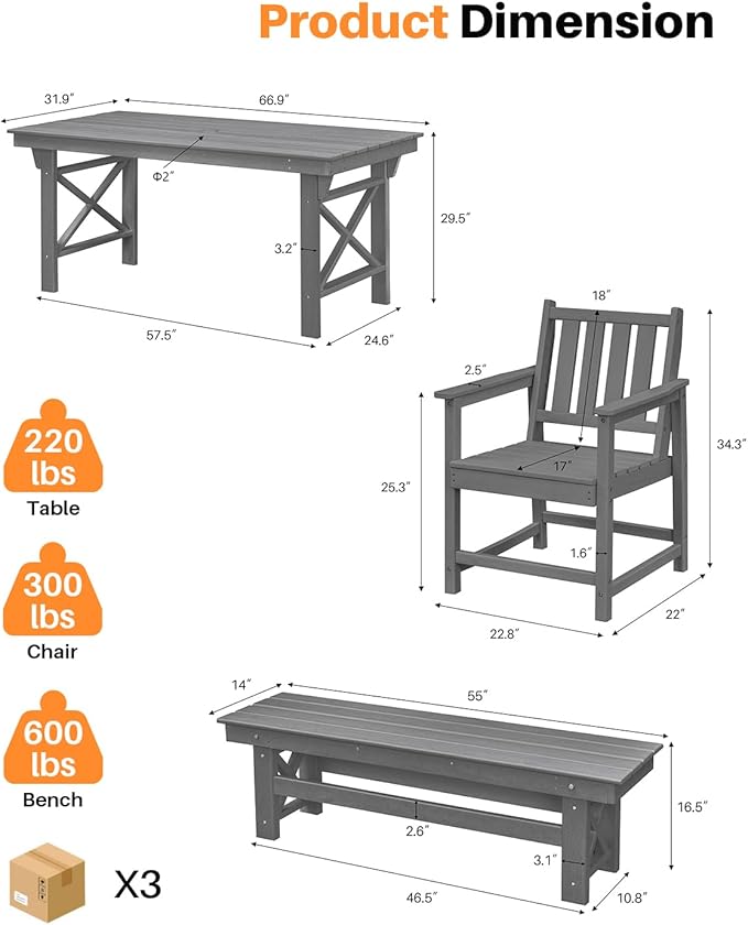 HDPE Outdoor Dining Set of 6, Patio Dining Table Set with 4 Chairs and 1 Bench, 6 Pieces HDPE Dining Set with Umbrella Hole, Outdoor Furniture Sets for Deck, Poolside, Garden, Smoke Gray