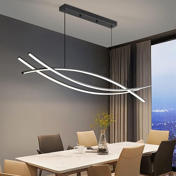 Modern Chandelier, Linear Pendant Light LED Dimmable Hanging Light Fixture, 3000K-6500K with Remote Control (Black, 47IN)