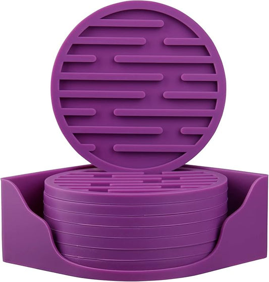 Coasters for Drinks & Coffee Table, Silicone Cup Coasters Set 8 with Holder, Cute Soft Cool Bar Coaster Dia 4 Inch, Beer Funny Coaster for Tabletop, Desk and Outdoor Purple