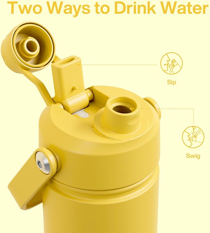 Kids Insualated Water Bottle with Straw - 12oz Stainless Steel Water Bottle with Dual Spouts, Leak-Proof, BPA-Free, Double Wall Vacuum Keeps Cold for 24 Hours for Sports, Travel, School (Elfin Yellow)