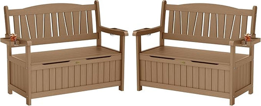 YEFU Outdoor Storage Bench for Patio: Heavy Duty Garden Bench Set of 2 with 96° High Backrest & Oversized Seating - HIPS Weatherproof Patio Bench with Storage for Porch Park Backyard, Teak