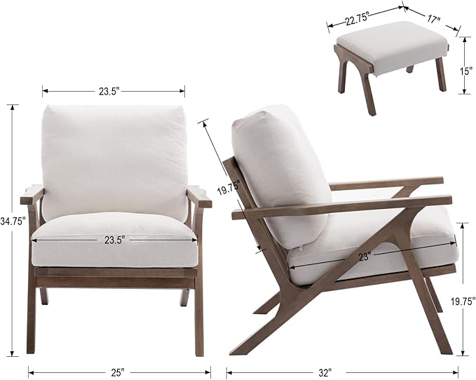 Wahson Set of 2 Mid Century Arm Chairs and Ottomans, Upholstered Accent Armchair with Wood Frame and Linen Cushions, Leisure Slipper Chair for Living Room/Bedroom, Cream