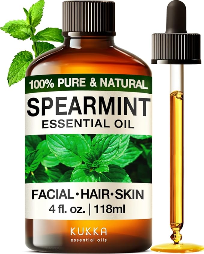 Kukka Spearmint Oil for Facial Hair - 4 Fl Oz - 100% Pure Natural Aromatherapy Spearmint Essential Oil for Skin & Hair Care, Diffuser, Bath Bombs, Soaps and Candles - Soap Making & DIY
