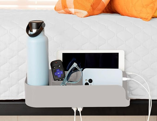 Squirrel Gray Bedside Perch – Perfect dorm gift & small space essential! USB-C & A charging, cup holder fits Hydro Flask, YETI, S'well. Organizes phone, iPad & more on lofted beds, couch, etc.