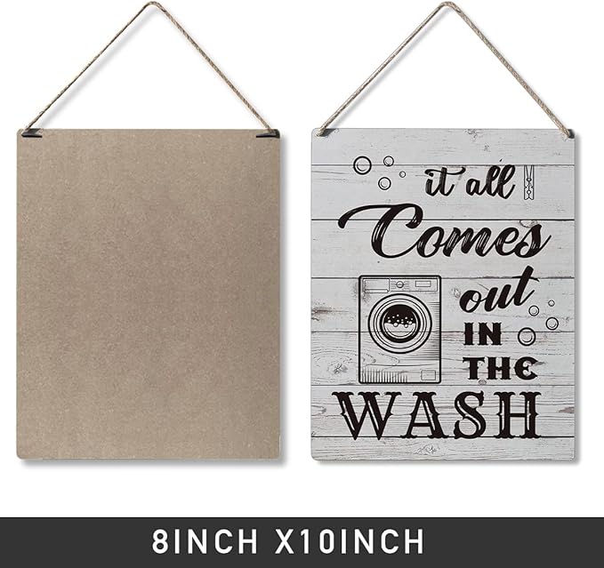 Qious Laundry Sign Gift Farmhouse It All Comes Out in the Wash Wooden Hanging Sign Plaque Rustic Wall Art Decor for Home Laundry Decoration 10 x 8 Inches