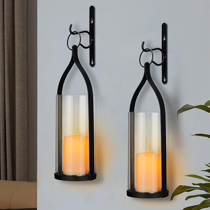 Metal Wall Sconce Candle Lantern Set of 2 - Black Wall Mounted Hanging Holder with Glass & Candles Vintage Wall Decor for Porch, Living Room, Dining Room, Bedroom Indoor Decor
