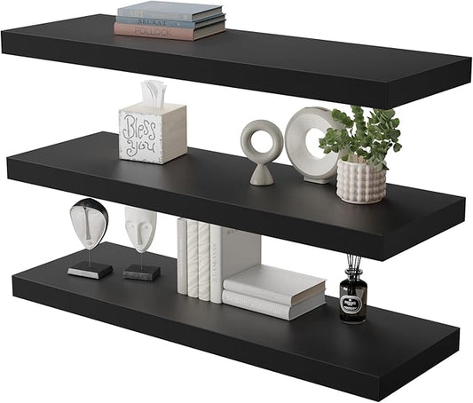 Large Floating Shelves for Wall Set of 3 Wooden Wall Shelves 24 in x 12.75 in x 2 in Room Decor Long Shelf with Invisible Wall Mount Bracket for Bedroom Kitchen Living Room Black
