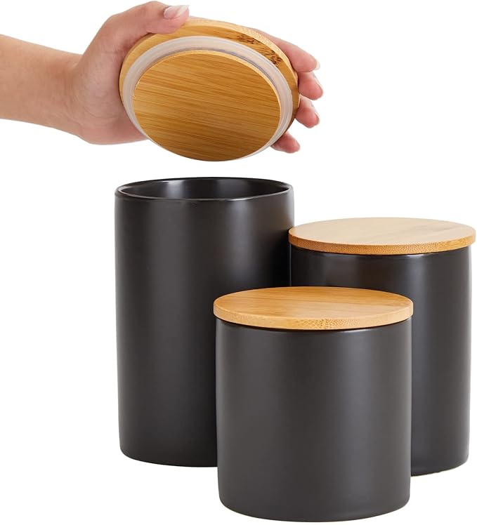 Farmlyn Creek Set of 3 Matte Black Kitchen Canister with Airtight Wooden Bamboo Lids, Kitchen Counter Containers, Food Storage Jars, Ideal for Storing Sugar, Coffee and Other Dry Goods, (3 Sizes)