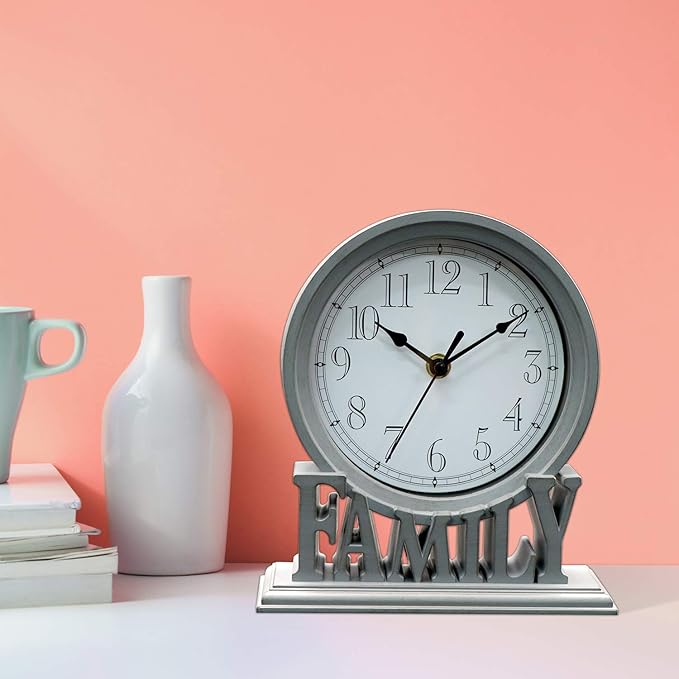6.5 Inches Table Clock, Vintage Non-Ticking Family Mantel Desk Clock Battery Operated with Quartz Movement HD Glass for Kids Bedroom Living Room Office (Distressed Grey)