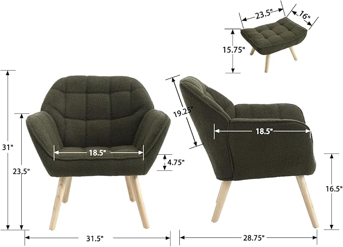 Modern Sherpa Accent Chair with Ottoman, Fluffy Upholstered Lounge Chair with Footrest, Comfy Living Room Side Boucle Armchair for Small Space Bedroom Apartment, Green