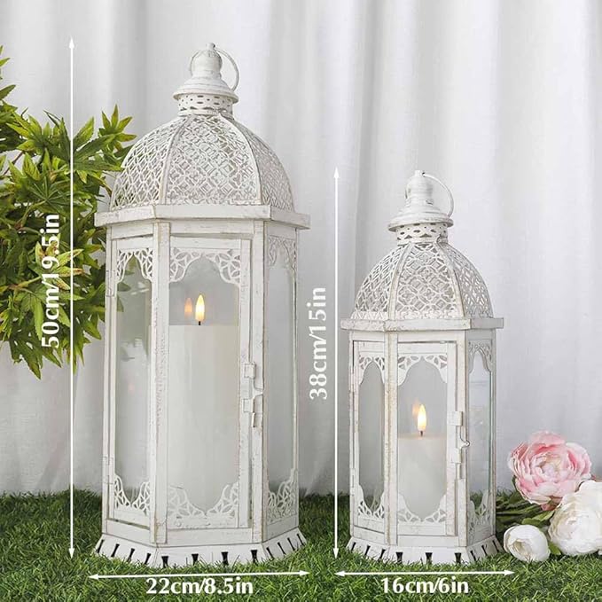 JHY DESIGN Set of 2 Decorative Candle Lanterns 22"&17" H Outdoor Vintage Metal Candle Holder for Garden Living Room Indoor Parties Weddings Patio Home Decor(White with Gold Brush)