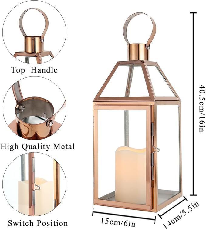 JHY Design Rose Gold Decorative Lanterns 16 inch High Stainless Steel Candle Lanterns with Tempered Glass for Indoor Outdoor Events Parities and Weddings