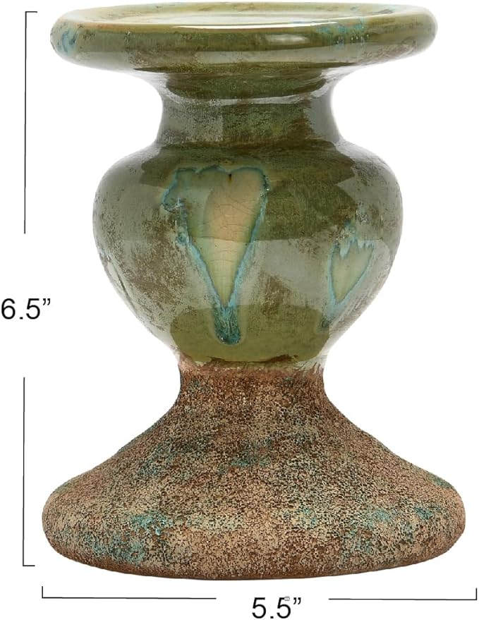 Creative Co-Op 2-Tone Sculptural Terracotta Pillar Candle Holder, Distressed Green