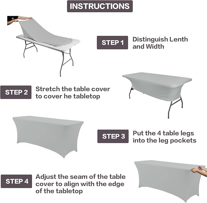 IVAPUPU 2 Pack 8FT Table Cloth for Rectangular Fitted Events Stretch Grey Table Covers Washable Cover Spandex Tablecloth Protector for Party, Wedding, Cocktail, Banquet, Festival