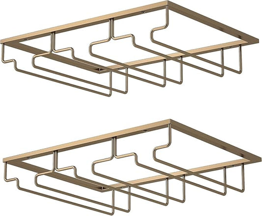 Wine Glass Rack - Under Cabinet Stemware Wine Glass Holder Glasses Storage Hanger 2 Pack Metal Organizer for Bar Kitchen Gold