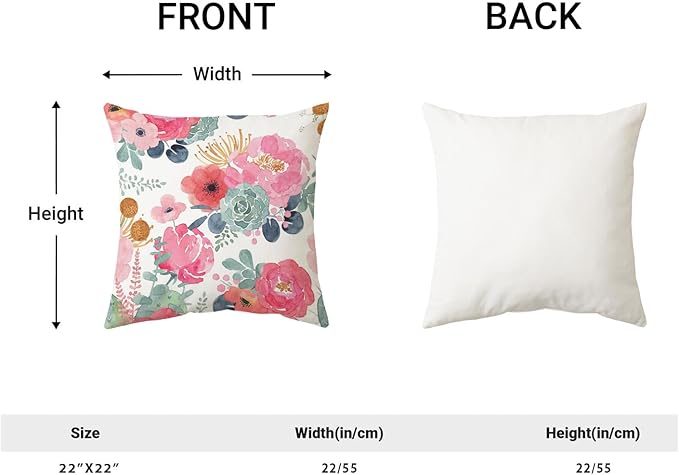 CXMEIFLY Spring Floral Pillow Covers 22 x 22 Inch Set of 2 for Watercolor Pink Flowers Decor Throw Pillows Green Leaves Plant Outdoor Decorative Cushion Cases with Zipper for Couch Bed Decorations