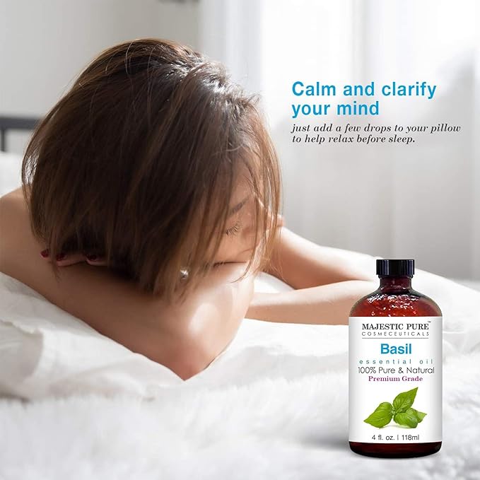 Majestic Pure Basil Essential Oil with Glass Dropper - Huge 4 Fl Oz - 100% Pure and Natural Basil Oil - Premium Grade Essential Oils for Diffuser, Aromatherapy, Soap and Candle Making