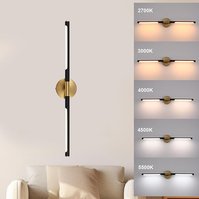 BONLICHT Bathroom Light Fixtures Over Mirror 24 Inch, 12W 350°Rotatable Dimmable 2700-5500K LED Wall Vanity Light Bar Black and Brushed Brass Modern Bathroom Vanity Lights picture and display lighting