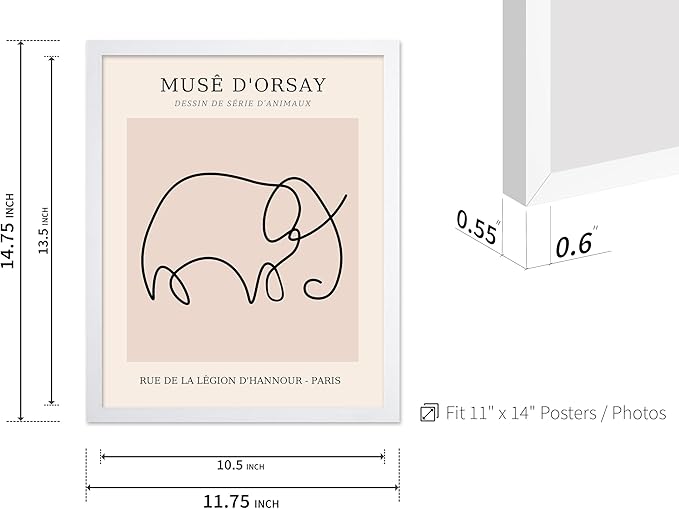 Poster Master Vintage Poster - Retro One Line Elephant Drawing Print - Elephant Art - Minimal Gift for Men, Women, Animal Lover - Abstract Wall Decor for Home, Office, 11x14 White Framed