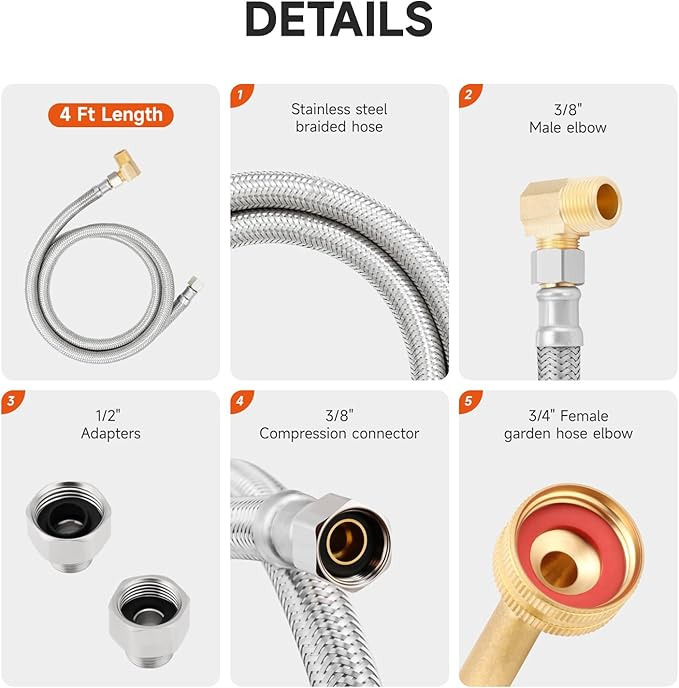 Roastove Universal Dishwasher Installation Kit,4 Ft Stainless Steel Dishwasher Hose,Burst Proof Water Supply Line with 3/8" Compression Connections
