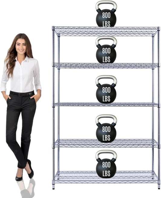 48"x18"x72" PRIME HEAVY DUTY Chrome 5-Tier Wire Shelving NSF 4000 LBS MAX Capacity Storage Rack for Commercial, School, Home, Garage, Warehouse, Industrial, and Hospital Uses (with Wheels)