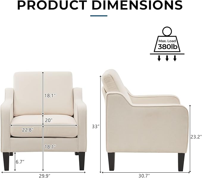 VINGLI Modern Accent Chairs Set of 2, Beige Living Room Chairs Comfy Armchair for Bedroom, Upholstered Sofa Chair Reading Chair for Small Spaces, Apartment, Waiting Room