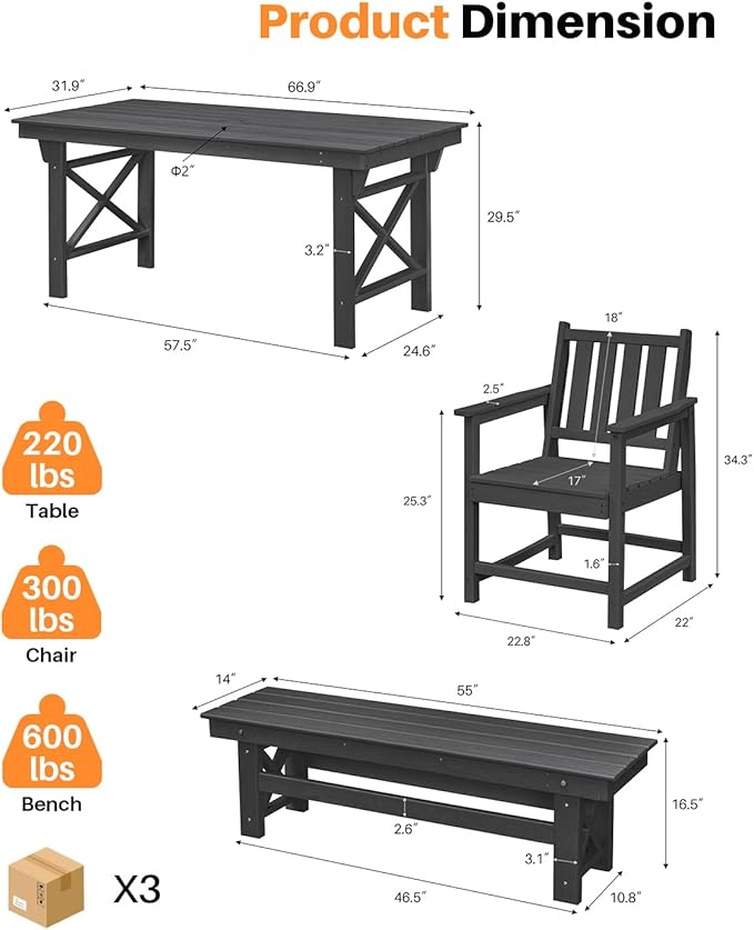 HDPE Outdoor Dining Set of 6, Patio Dining Table Set with 4 Chairs and 1 Bench, 6 Pieces HDPE Dining Set with Umbrella Hole, Outdoor Furniture Sets for Deck, Poolside, Garden, Obsidian